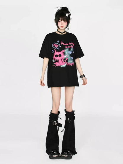 T-shirt imprimé chat couleur contrastée dessin animé