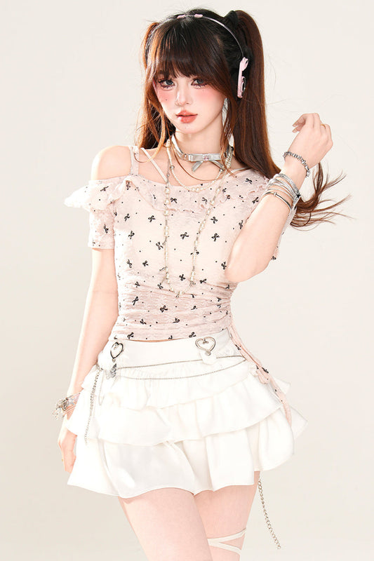 Off-the-shoulder Sheer Milky Bow Top