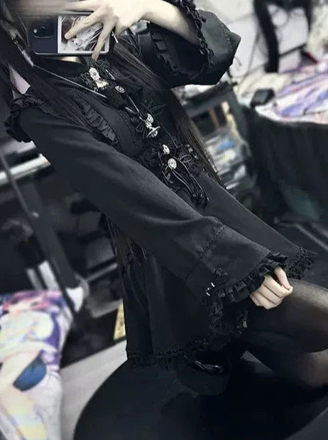 Lace Buckle Ruffle Shirt China Sleeve Bell