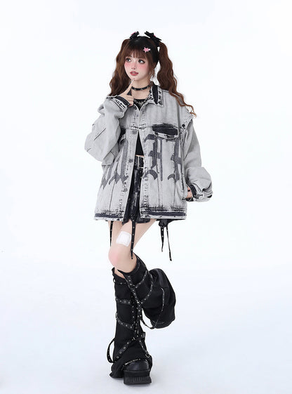 Veste de moto en denim rétro style américain ample et streetwear