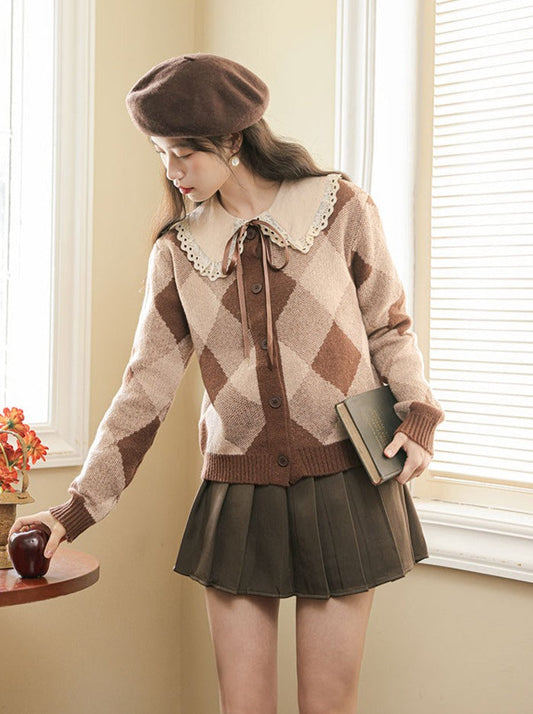Argyle Skirt Pleated Knit Brown Cardigan Retro