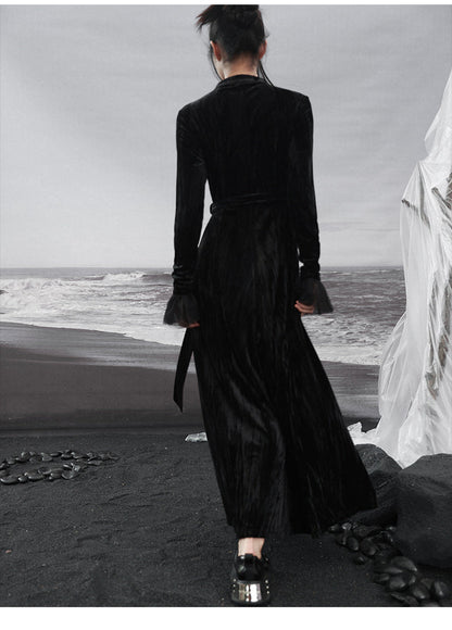 Splicing Stand Chinese V-Collar Mesh Romantic Retro Velvet Black Dress