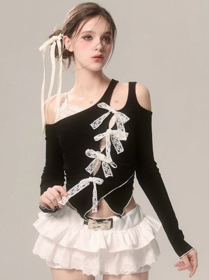 Asymmetrical Top Off-Shoulder Faux Ribbon Lace Black Two Piece