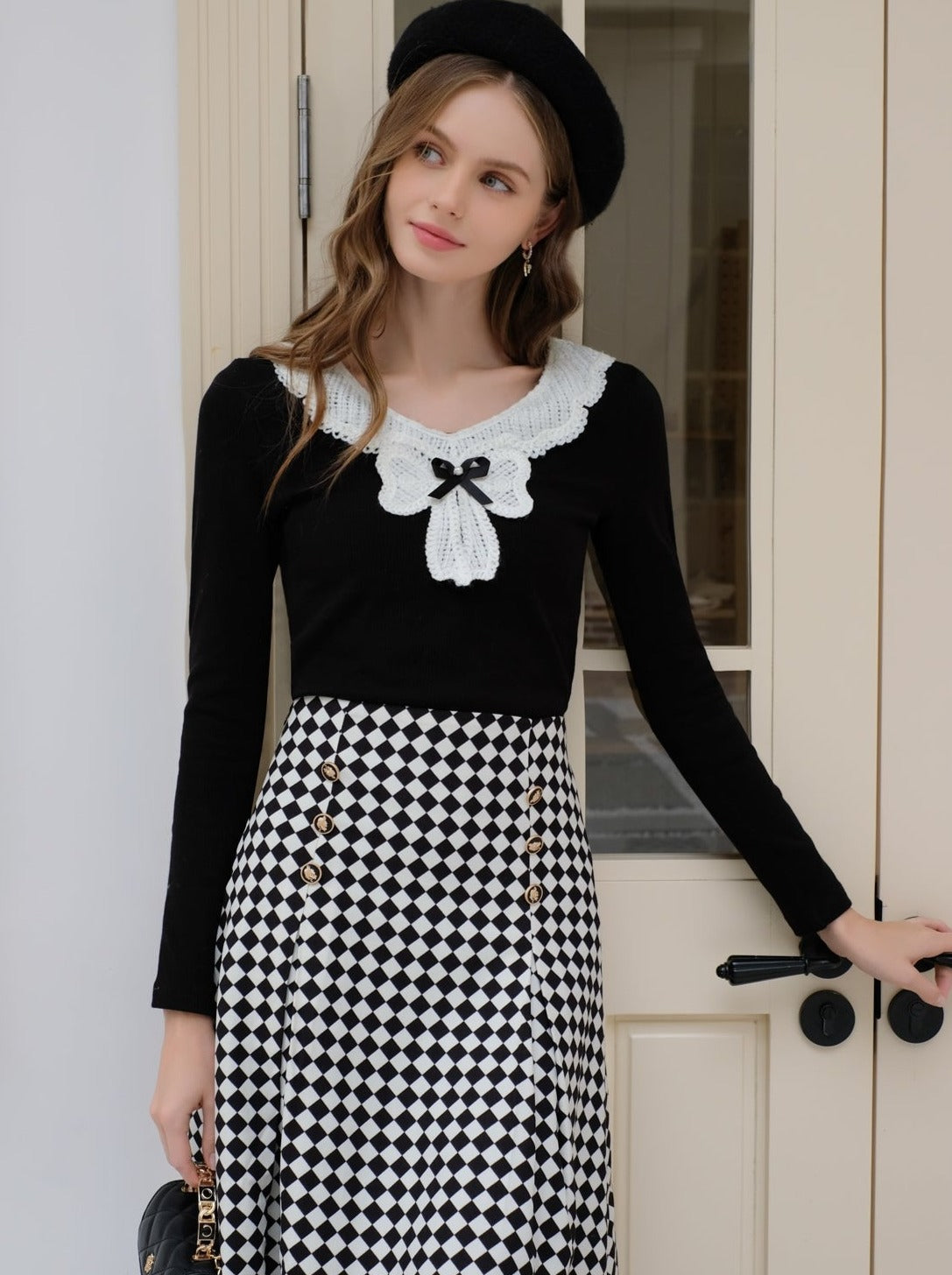 Design Lace Diamond Ribbon + Top Check Skirt