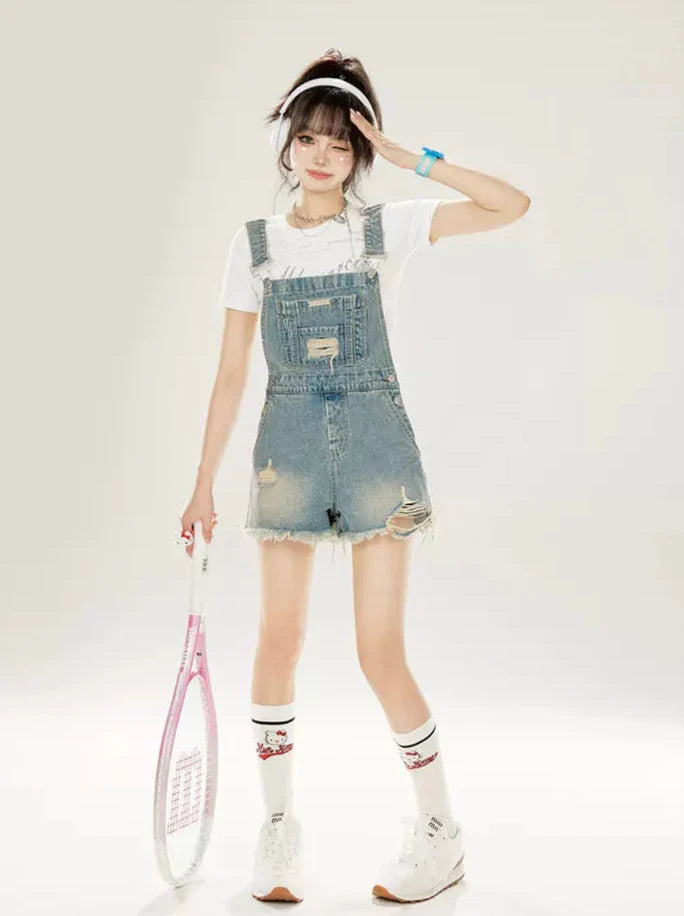 Damaged Washed Denim Shorts Overalls