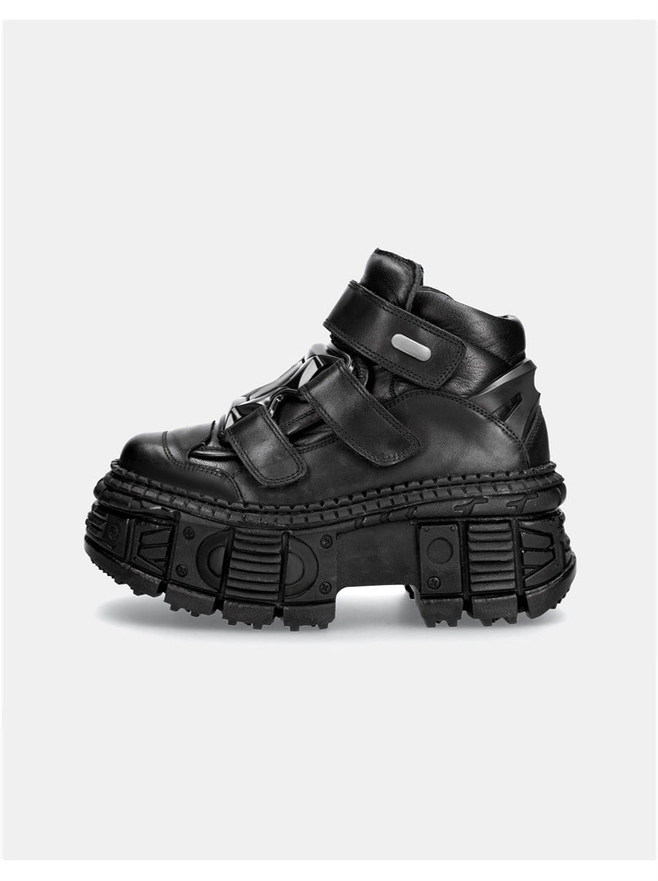 Metal Leather High Platform Plain with Punk Chain Shoes Dark Style Top