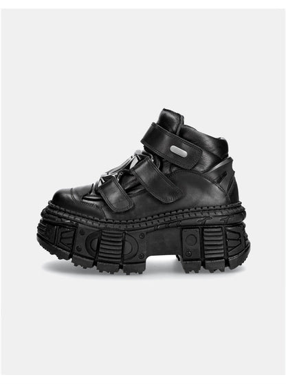 Metal Leather High Platform Plain with Punk Chain Shoes Dark Style Top