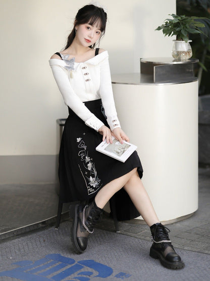 Top Buckle Waist Asymmetrical Skirt + Big Bow Off-Shoulder China High