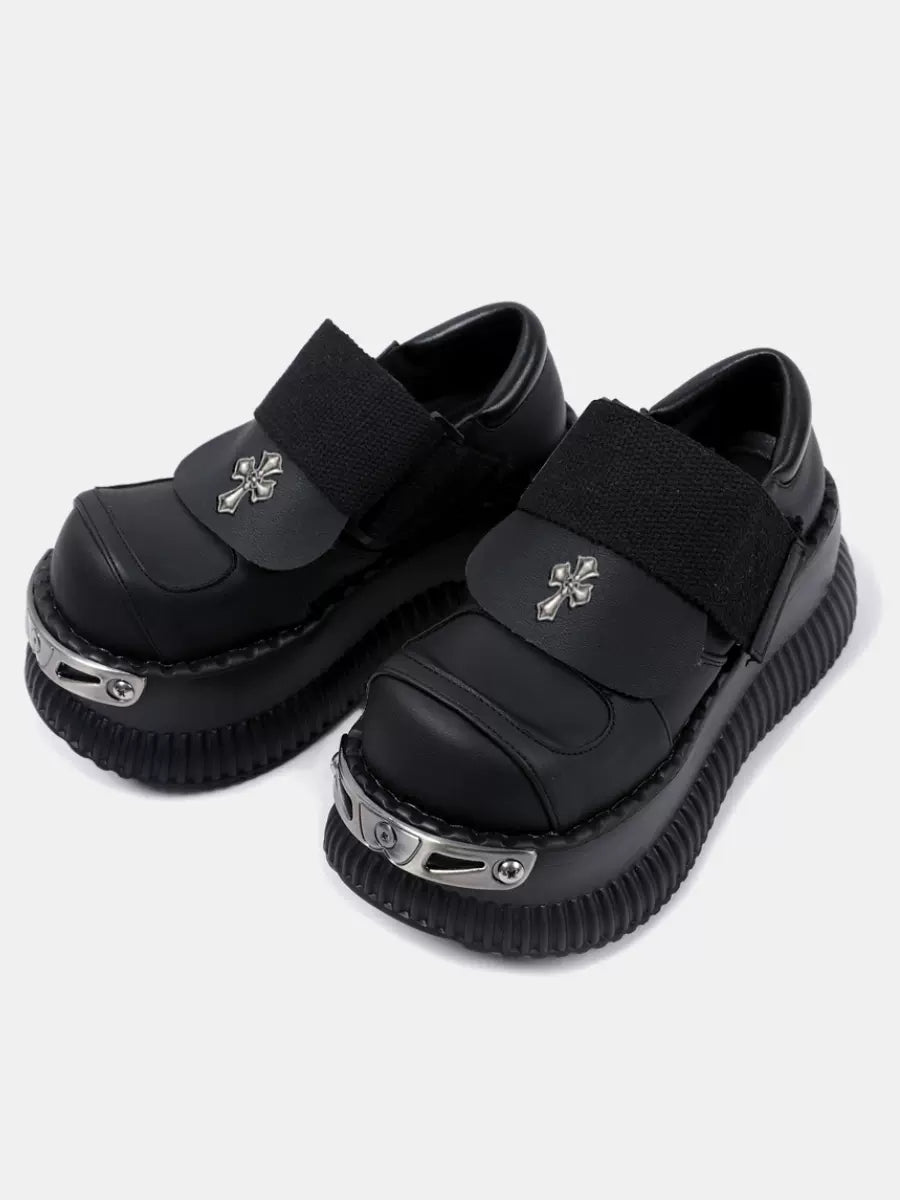 Platform Metal Velcro Shoes Punk Leather Cross