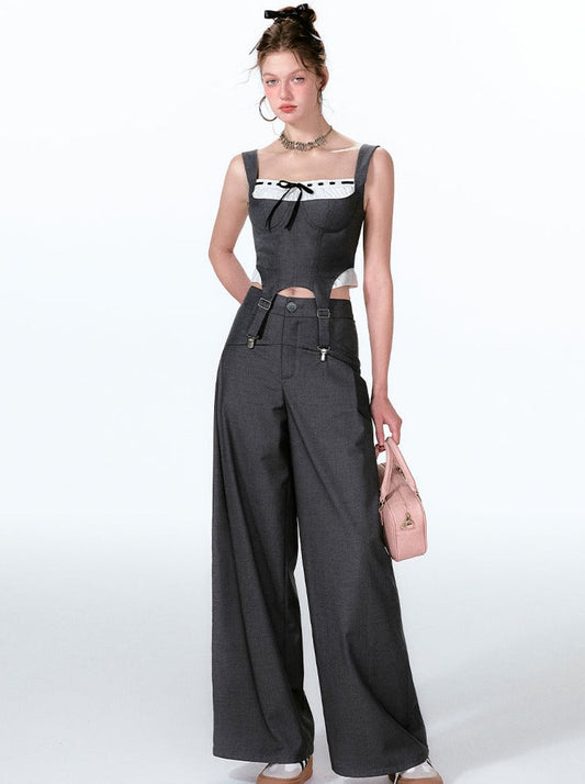 Wide Two-piece + Design Contrast Faux Vest Mint-cool Pants