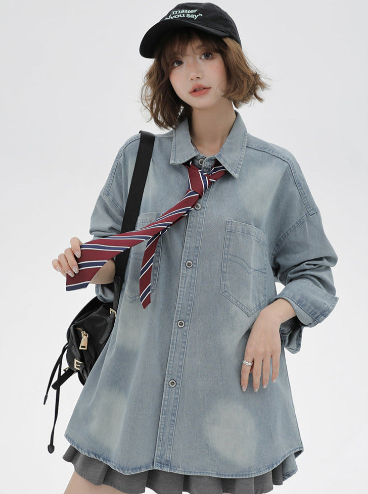 Veste en jean rétro ample avec cravate et chemise américaine