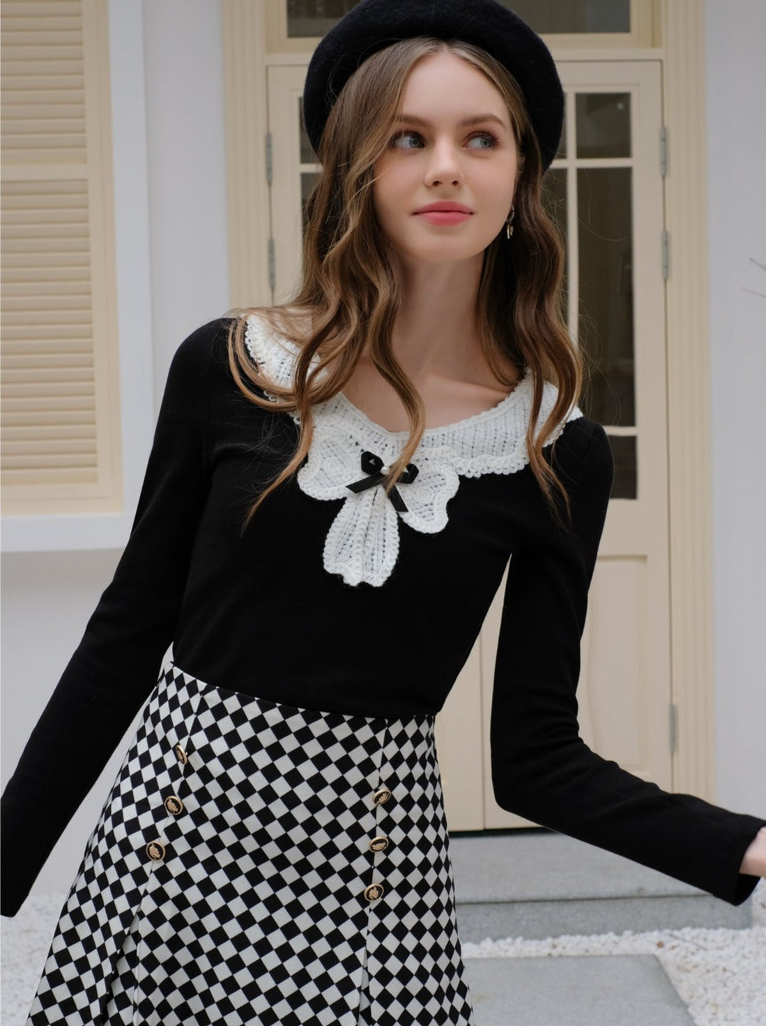 Design Lace Diamond Ribbon + Top Check Skirt