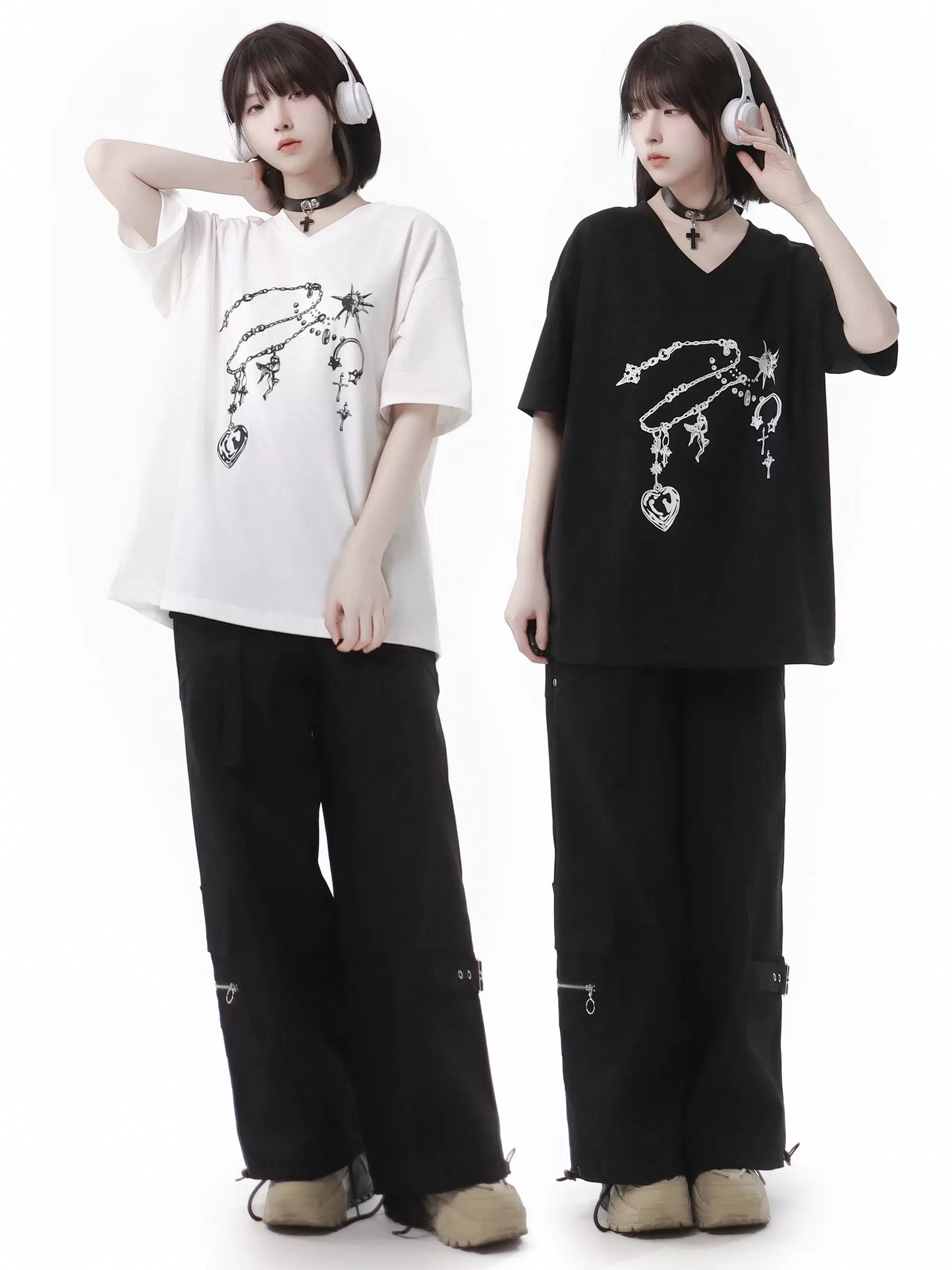 Schwarzes T-Shirt mit V-Ausschnitt und weißem Edelstein
