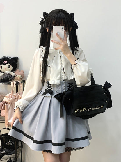 Color Sleep Frill Stand Volume Ribbon Shirt
