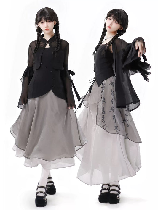 Shirt Top Dress Calligraphy Chiffon Suspender Chiffon Skirt