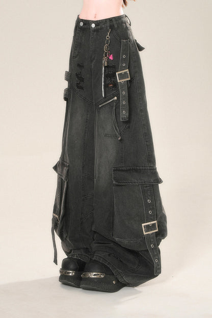 street high wide Rip denim pants