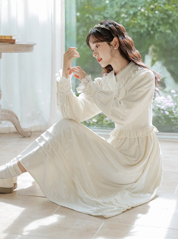 Ruffle Garden Dress Cardigan Flared Milk + Long