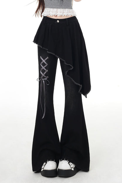 pants slim Lace-up flare long