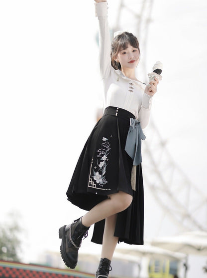 Top Buckle Waist Asymmetrical Skirt + Big Bow Off-Shoulder China High