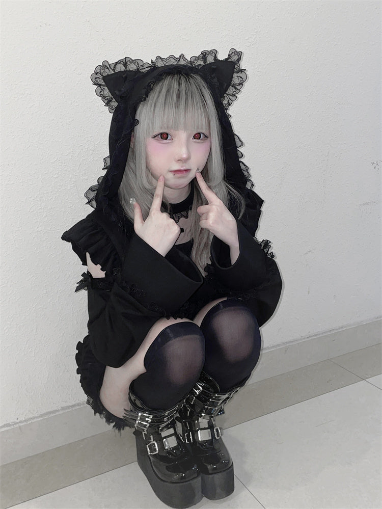 Ear Cat Angel Sweatshirt Hood Pocket Apron