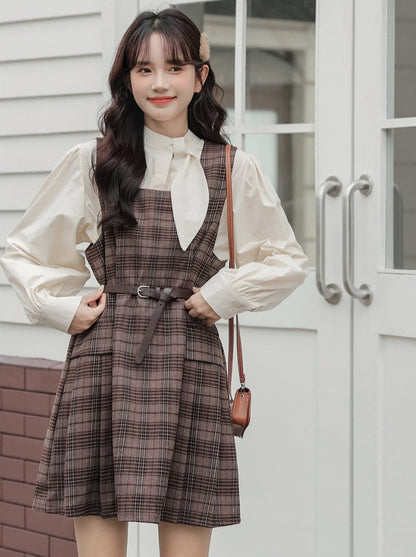 Checked Skirt Ribbon Shirt + Suspender