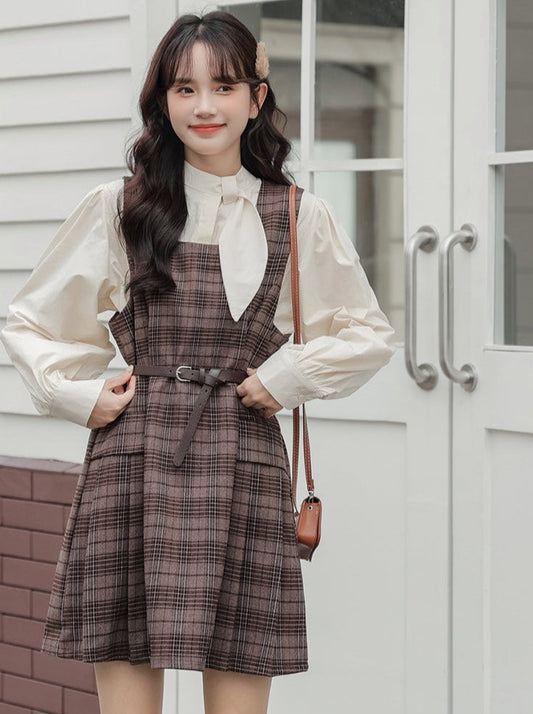 Checked Skirt Ribbon Shirt + Suspender
