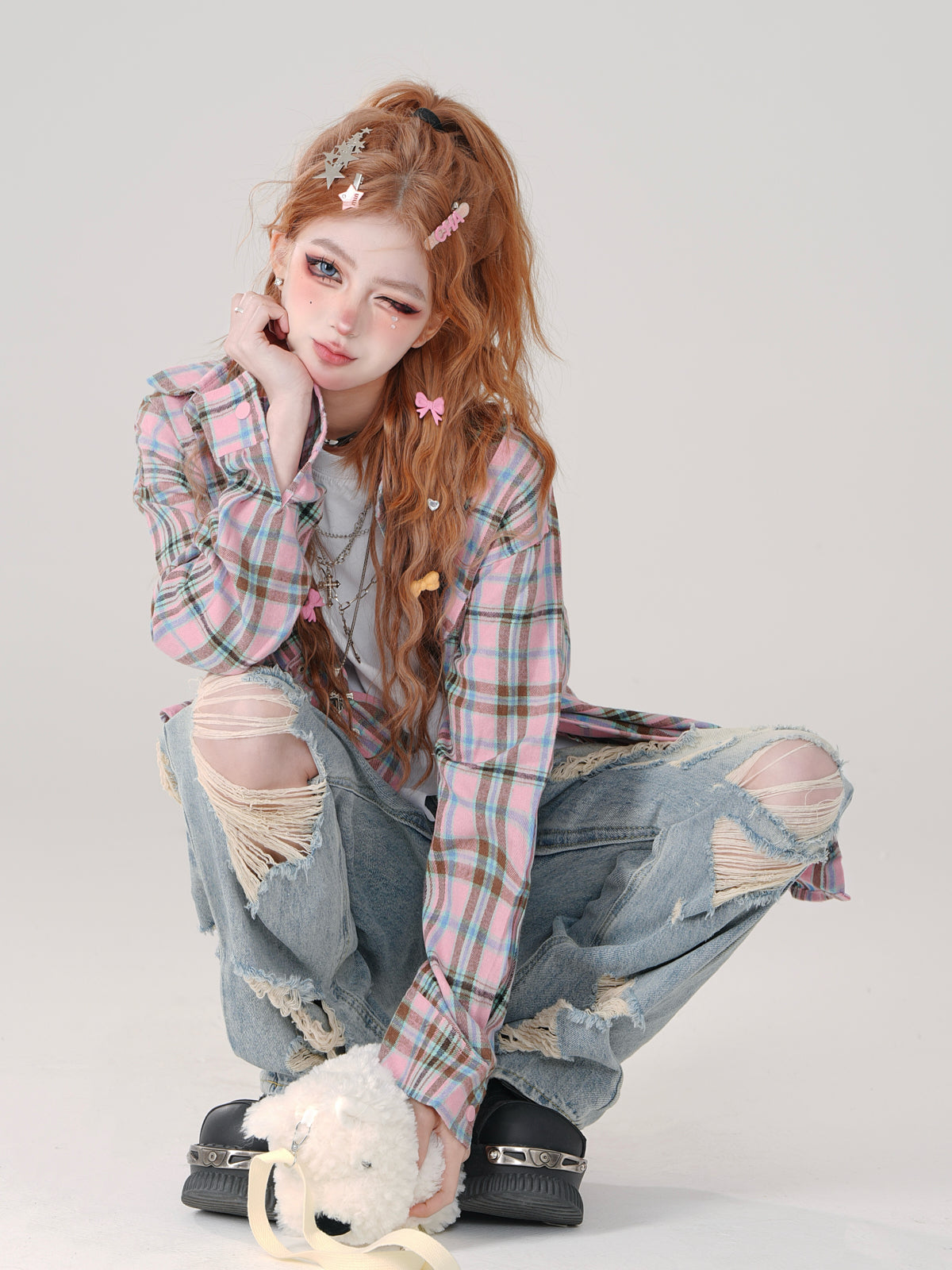 Poloshirt mit Karo-Kragen und langem, abnehmbarem, lockerem