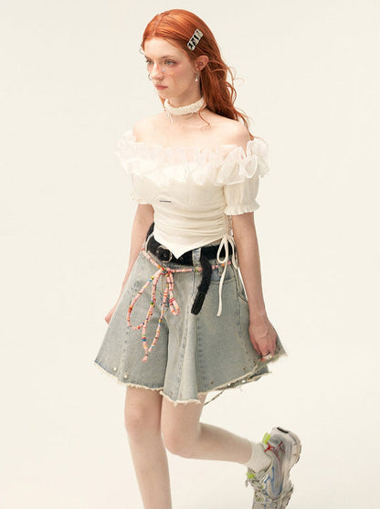 Haut en dentelle, épaules en tulle, haut fleuri, tricot