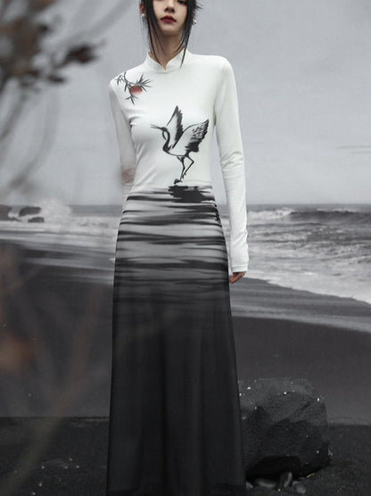 Long Dress Painting Knit Slim China Print Ink
