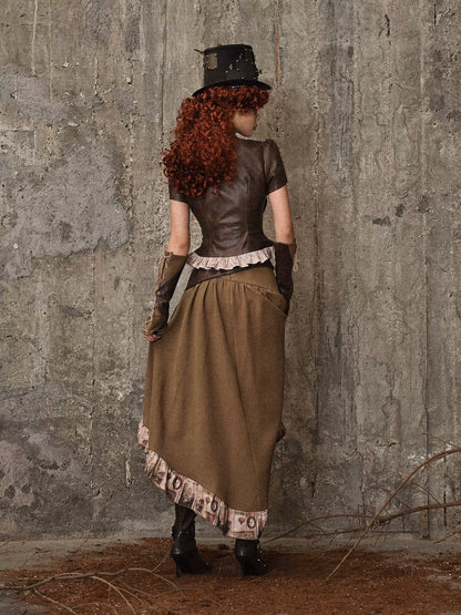 Sac à volants, jupe traînante en PU, taille steampunk, style antique rétro
