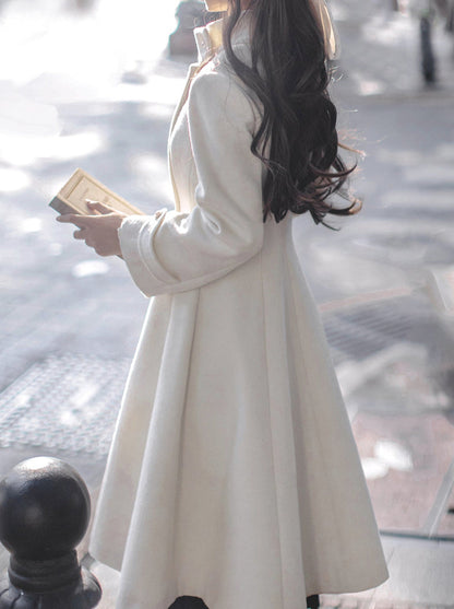 Manteau rétro élégant à double ruban et col boutonné en laine