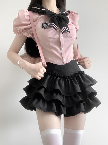Girl Puff Flared Skirt Ribbon Top Ruffle Slim Sweet Sleeve