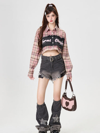 Check Splicing American Retro Short Shirt