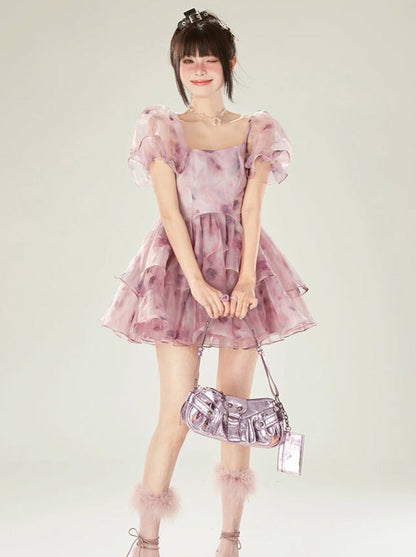 Dream Dress Sleeve Purple Flower Old Sheer Puff