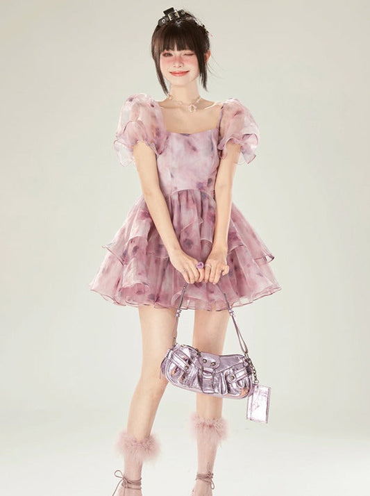 Dream Dress Sleeve Purple Flower Old Sheer Puff