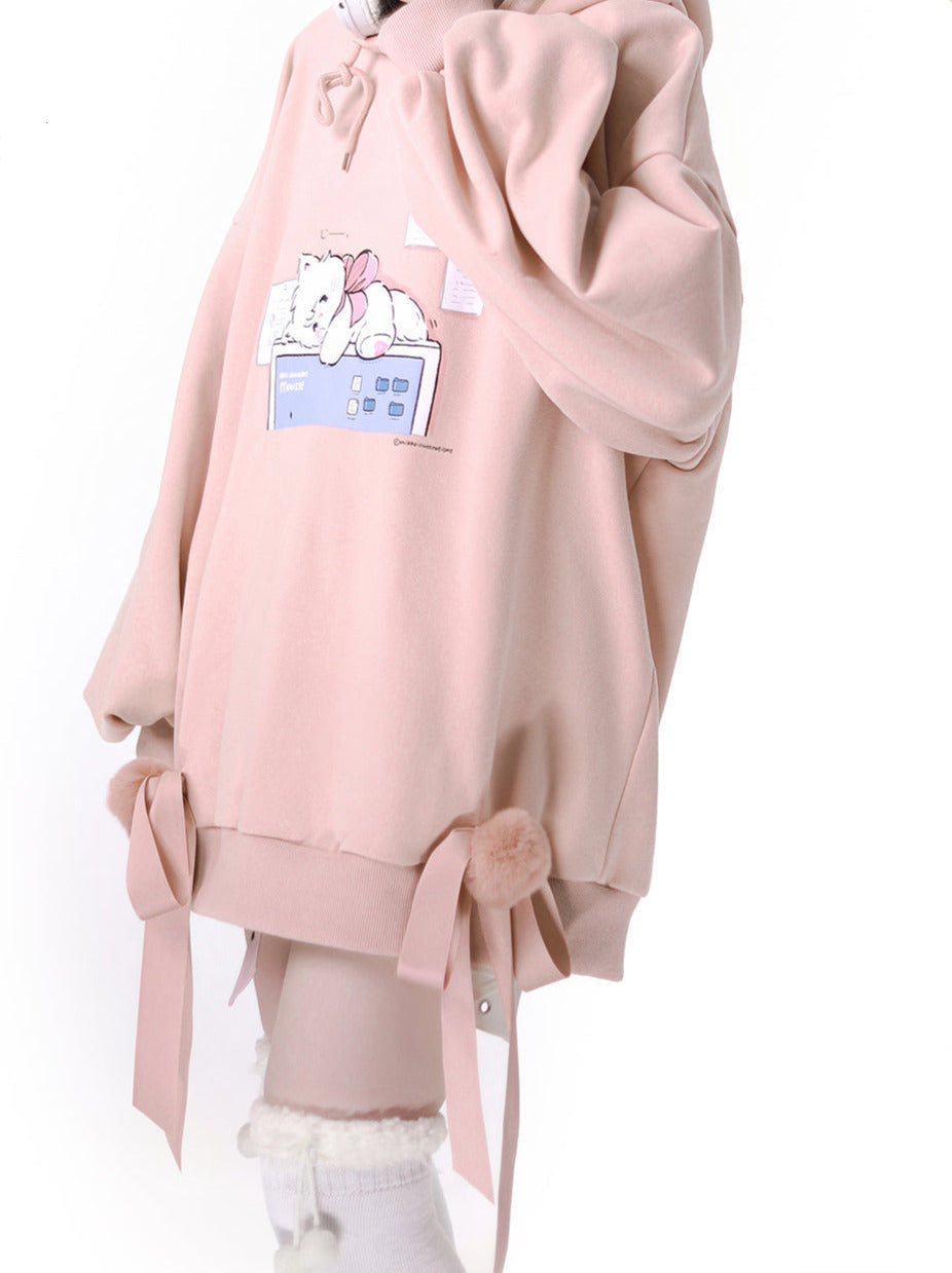 プラスベルベッドピンクホワイトボールリボンパーカー