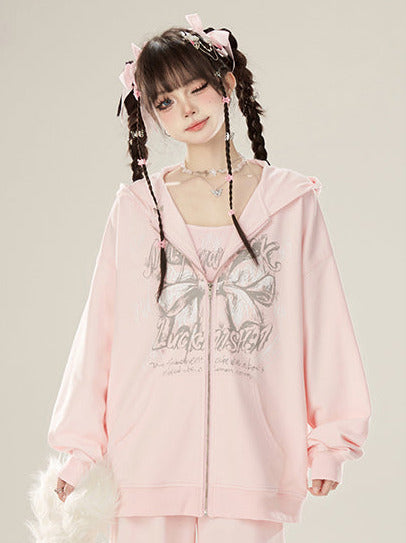 Zip Girly + Loose Butterfly Camisole Pants Jacket Ribbon Sweatshirt Hooded Pink