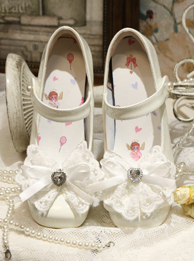 Chaussures élégantes à talons carrés en dentelle et ruban, bout pointu, Lolita Love