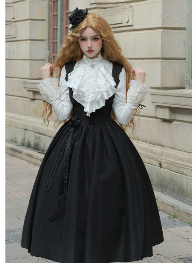 Chemisier en dentelle blanche + veste noire, robe classique noire, style gothique et nuit à volants, voyageuse