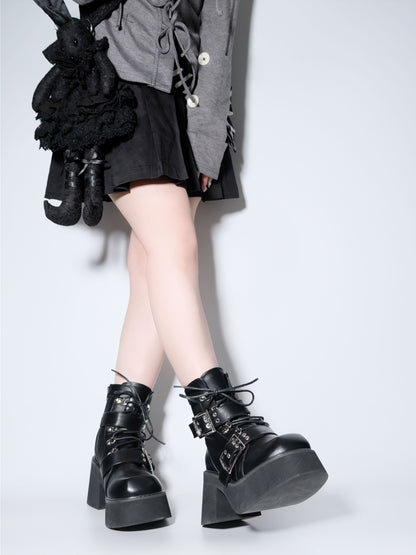 Bottes courtes noires style punk mat à bout carré style sous-culture Y2K