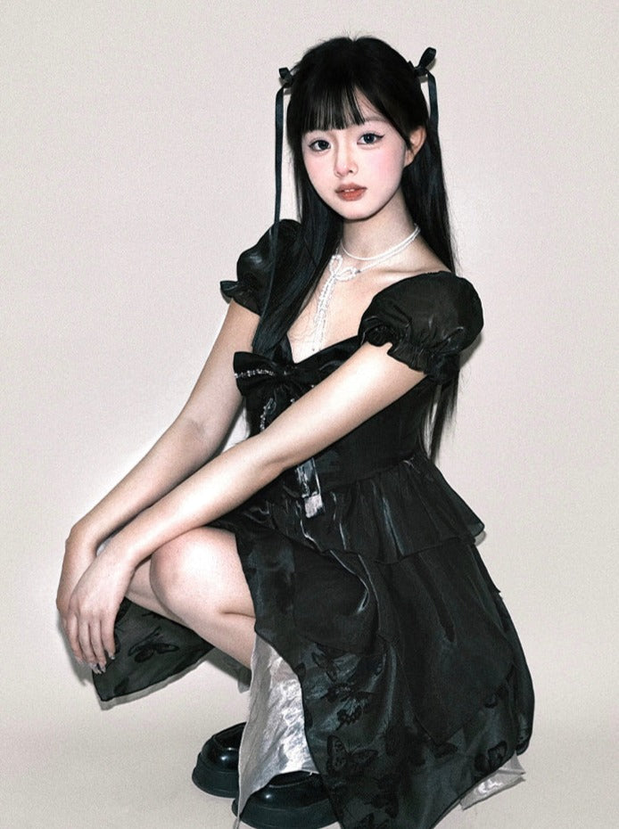 Sleeveless Bow Black Puff Ribbon Dress