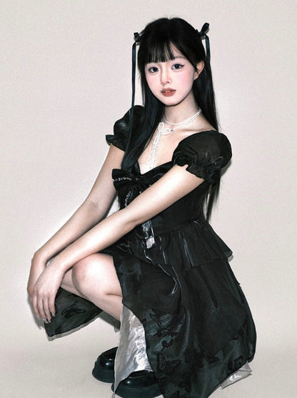 Sleeveless Bow Black Puff Ribbon Dress