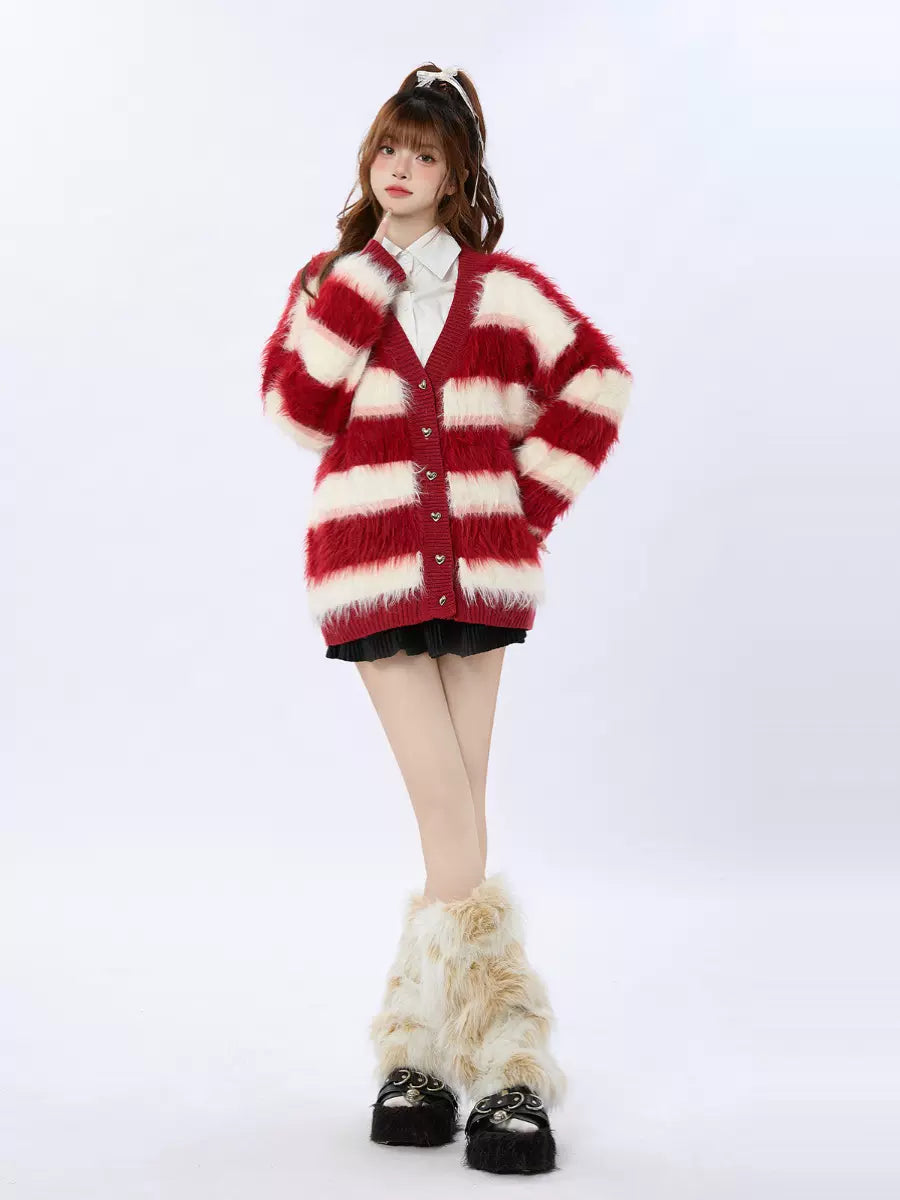 Knit Striped Cardigan Retro Red