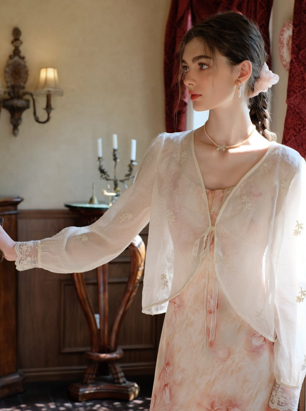 Long Suspender Dress Flower Blouse Cardigan + Sheer