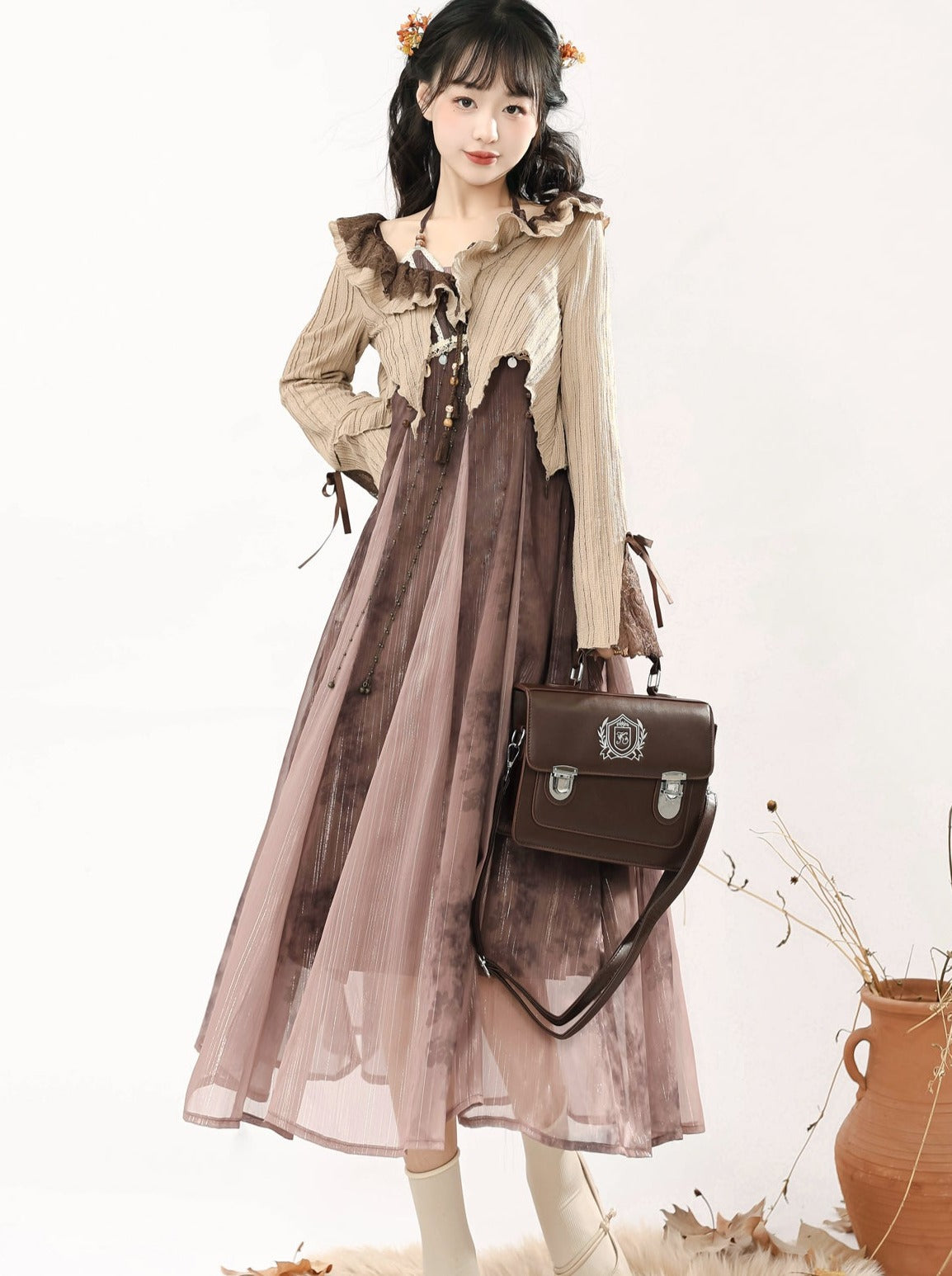 Dress Style + Short Camisole Cardigan Ethnic Ruffle