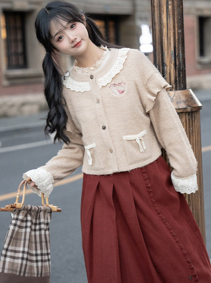 Skirt Long Cardigan Retro Cream Pleated