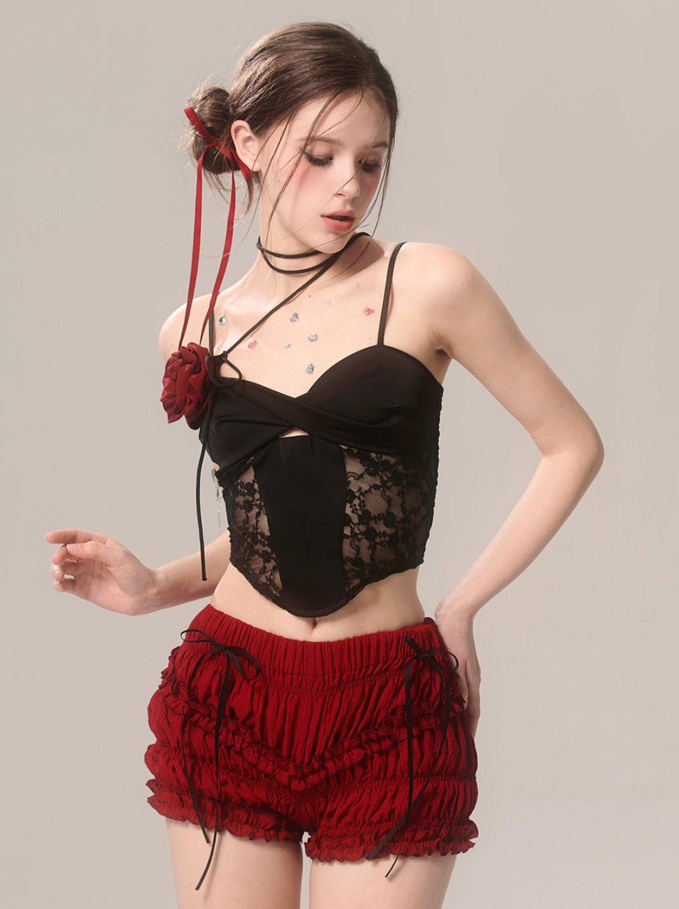 Ruffle Cherry Shorts Red