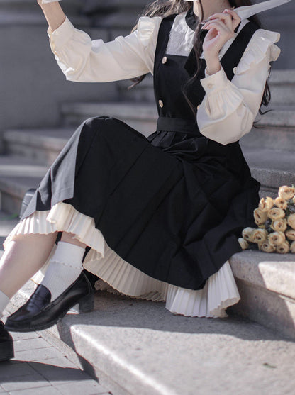Pleated Ruffle Ribbon College Dress Shirt Accessories Retro Suspender + Elegant Layered Shoulder + Lace