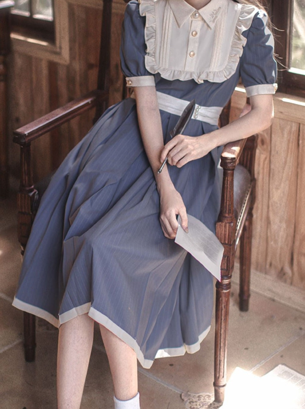 Summer Belt Waist + Collar Dress Ruffle White Retro