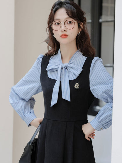 Striped Style Dress Splicing Faux College